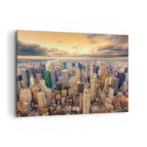 Quadro su tela - Stampe su Tela - Panorama della città con vista sui grattacieli al tramonto - 100x70cm - Metropolis dorata - Decorazione murale moderna per soggiorno e camera da letto ARTTOR