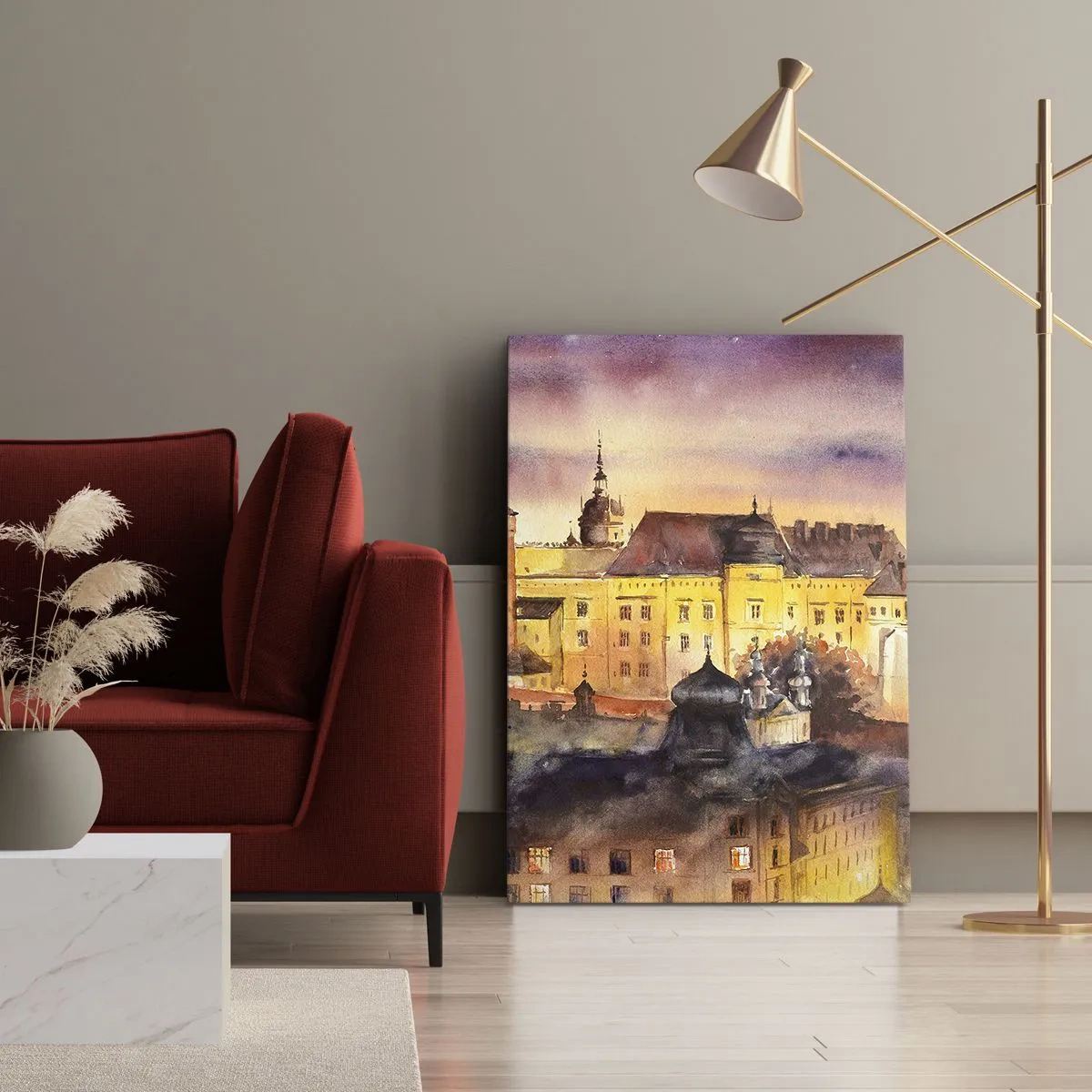 Quadro su tela - Stampe su Tela - Un pittoresco dipinto ad acquerello di un castello al tramonto - 70x100cm - Storia e fiaba - Decorazione murale moderna per soggiorno e camera da letto ARTTOR