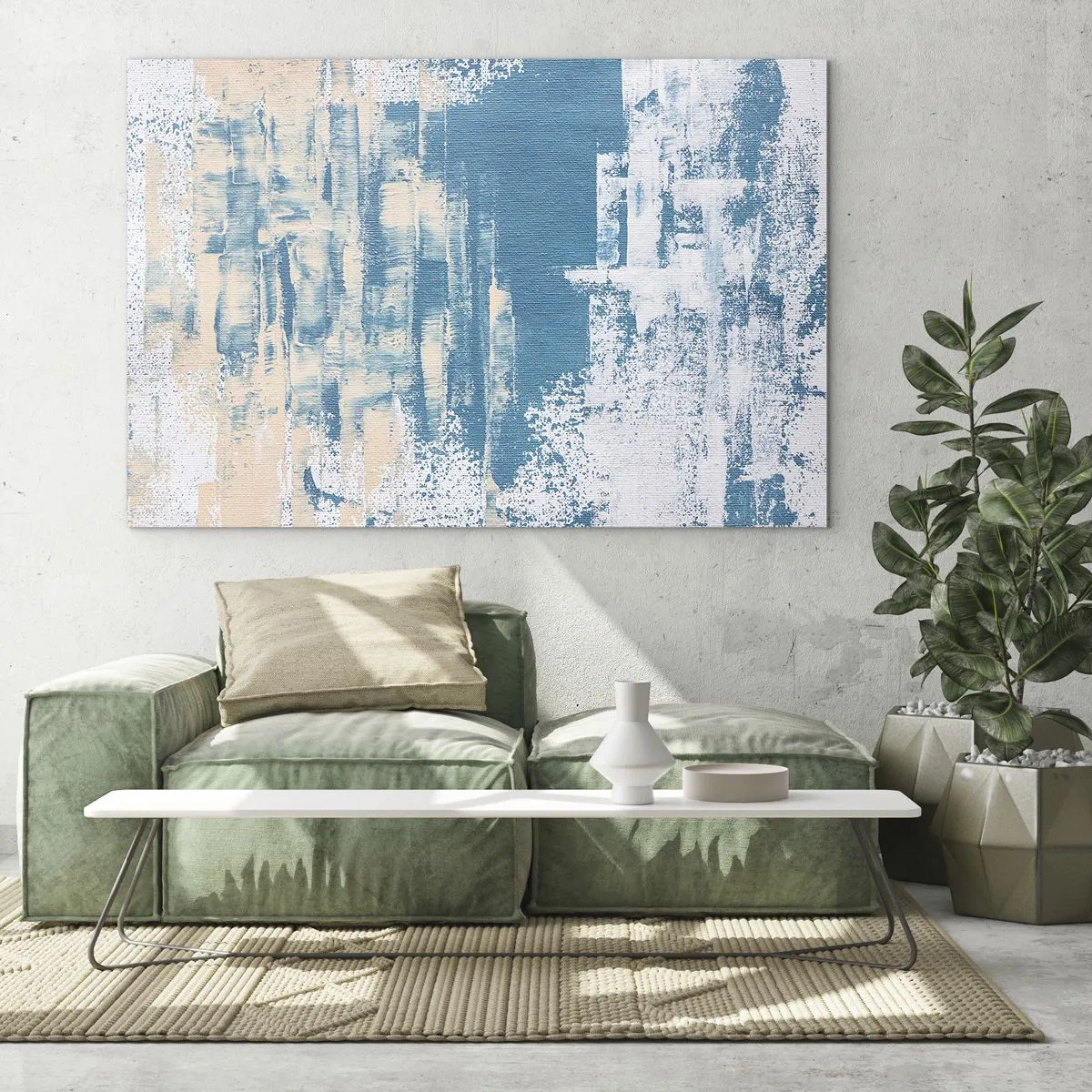 Quadro su vetro - Astrazione in blu e beige con texture a pennello - 100x70cm - Attraverso il ghiaccio - Decorazione murale moderna per soggiorno e camera da letto ARTTOR