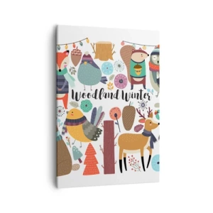 Quadro su tela - Stampe su Tela - Animali della foresta invernale in grafica colorata - 50x70cm - Le feste incantate nel bosco - Decorazione murale moderna per soggiorno e camera da letto ARTTOR