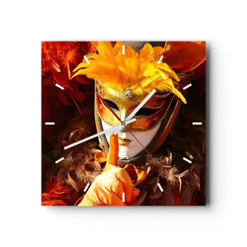 Orologio da parete - Orologio in Vetro - Maschera di Carnevale nei toni dell'oro e dell'arancione - 30x30cm - Il mistero è parte del gioco - Decorazione murale moderna per soggiorno e camera da letto ARTTOR