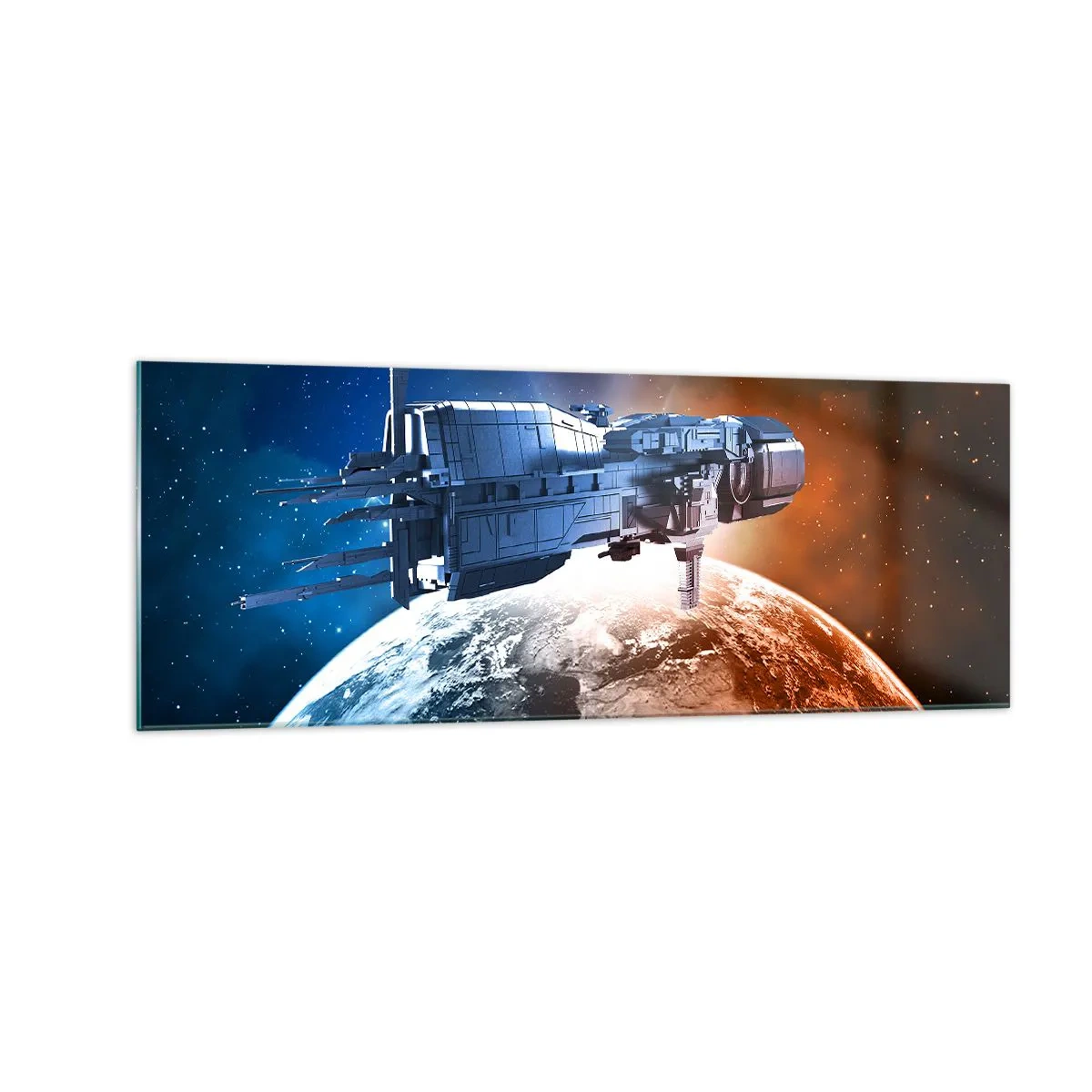 Quadro su vetro - Un'astronave sullo sfondo di un pianeta nello spazio - 140x50cm - Un attento osservatore - Decorazione murale moderna per soggiorno e camera da letto ARTTOR