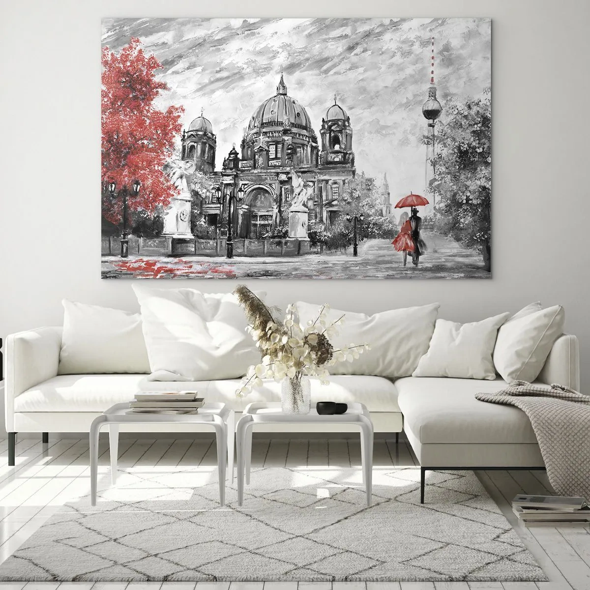 Quadro su vetro - Cattedrale di Berlino con accento rosso in toni monocromatici - 120x80cm - Incontro a Berlino - Decorazione murale moderna per soggiorno e camera da letto ARTTOR