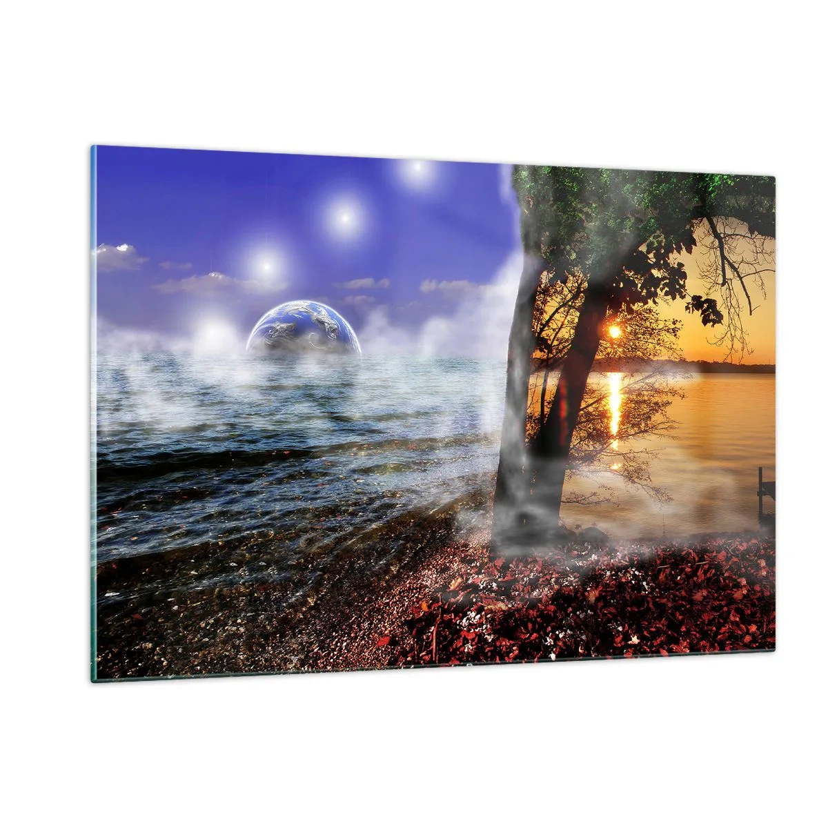 Quadro su vetro - Un paesaggio fantastico con il mare e un pianeta - 120x80cm - Paesaggio surreale: unità della natura - Decorazione murale moderna per soggiorno e camera da letto ARTTOR