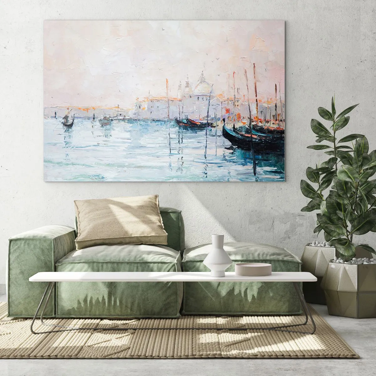 Quadro su vetro - Paesaggio impressionista con barche ed edifici - 100x70cm - Dopo l'acqua, dopo la nebbia - Decorazione murale moderna per soggiorno e camera da letto ARTTOR