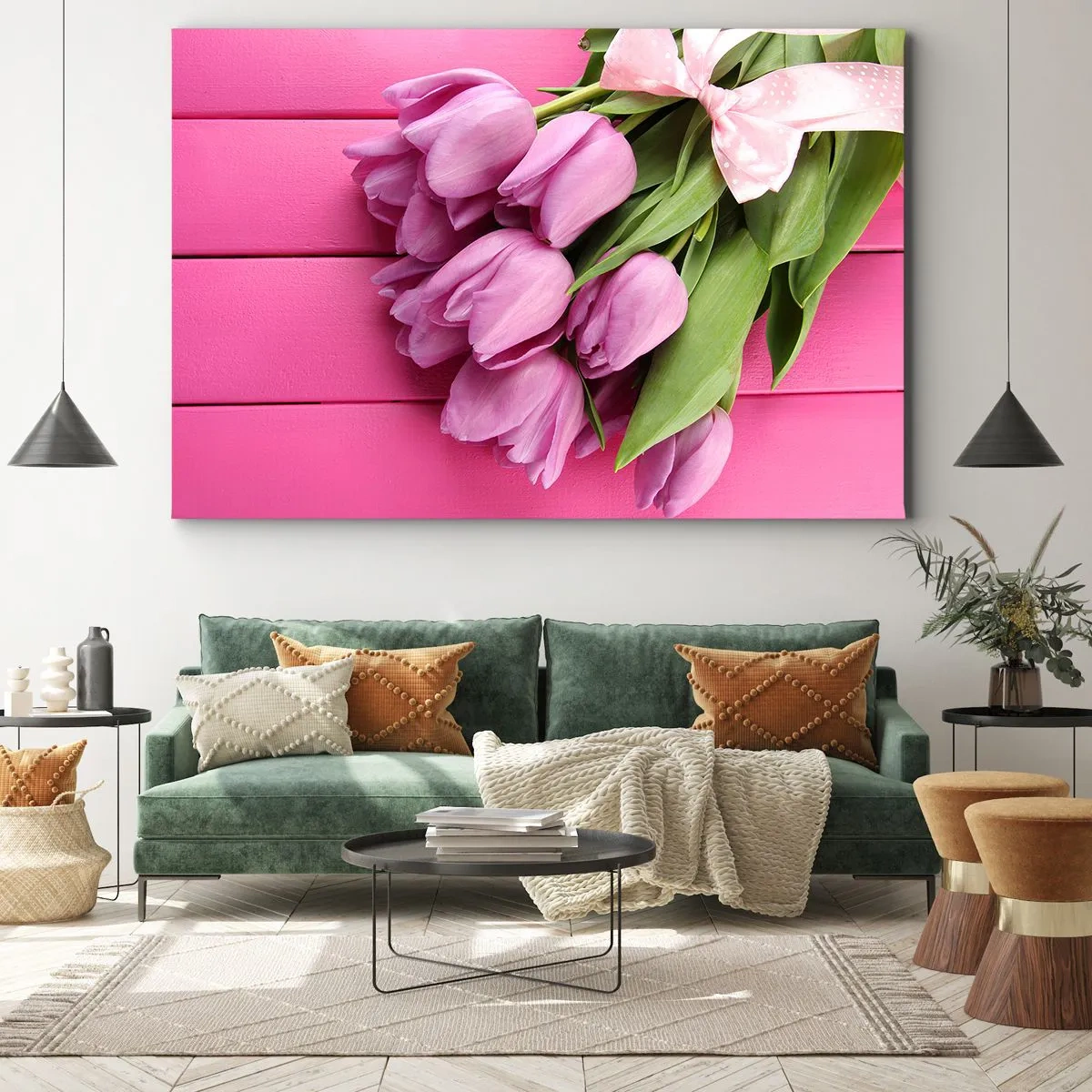 Quadro su tela - Stampe su Tela - Un mazzo di tulipani rosa con un fiocco su uno sfondo rosa - 70x50cm - Proprio per te - Decorazione murale moderna per soggiorno e camera da letto ARTTOR