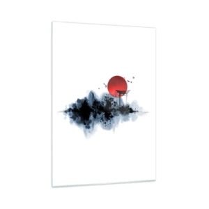 Quadro su vetro - Un paesaggio minimalista con un portale torii e un sole rosso. - 50x70cm - Vista giapponese - Decorazione murale moderna per soggiorno e camera da letto ARTTOR