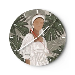 Orologio da parete - Orologio in Vetro - Ritratto stilizzato di una donna su uno sfondo di foglie tropicali. - 30x30cm - Ritratto esotico - Decorazione murale moderna per soggiorno, cucina e camera da letto ARTTOR