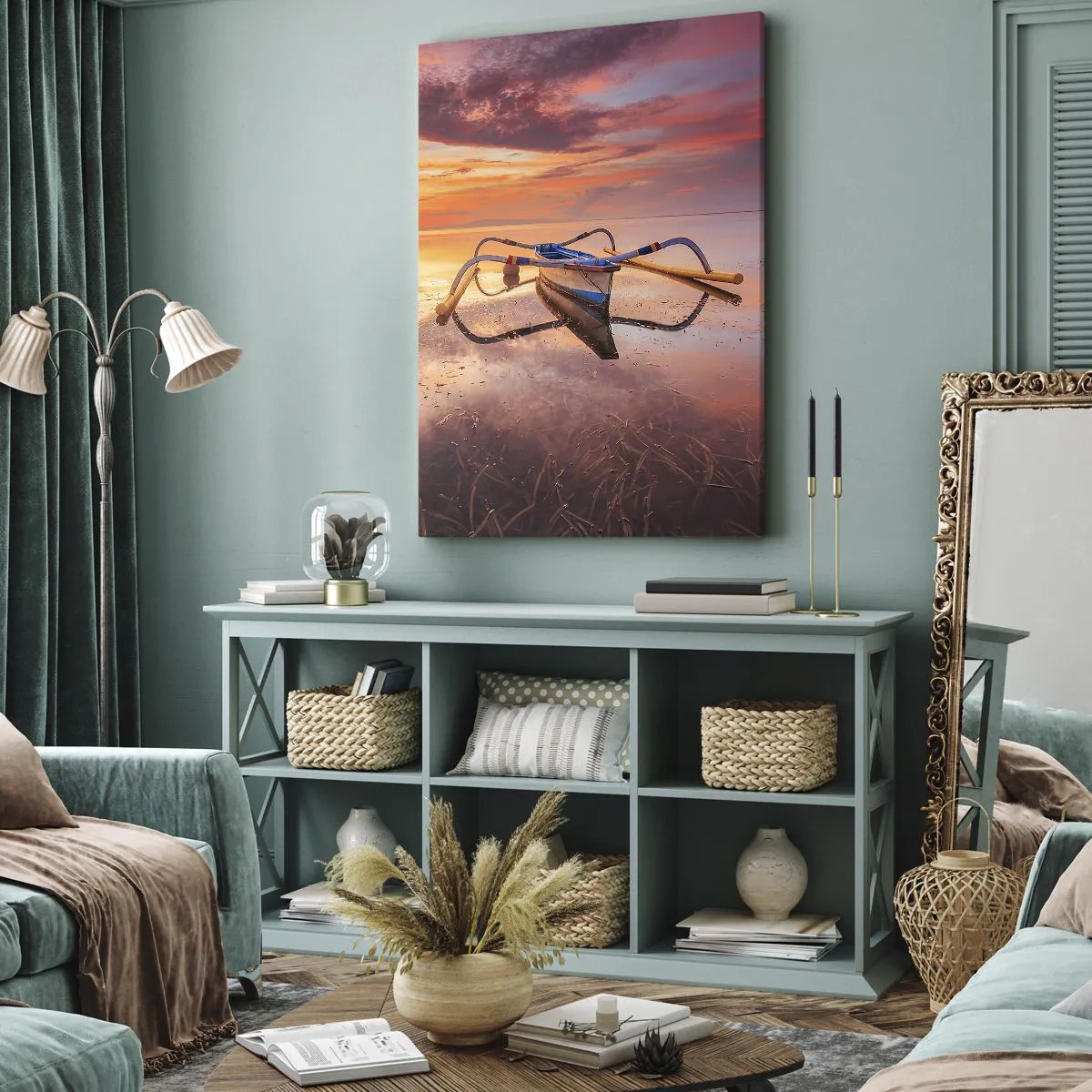 Quadro su tela - Stampe su Tela - Una barca in acque calme al tramonto - 50x70cm - La pace della sera tropicale - Decorazione murale moderna per soggiorno e camera da letto ARTTOR