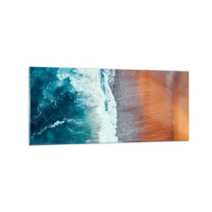 Quadro su vetro - Una vista delle onde dell'oceano che si infrangono sulla spiaggia dorata - 120x50cm - Il tocco dell'oceano - Decorazione murale moderna per soggiorno e camera da letto ARTTOR