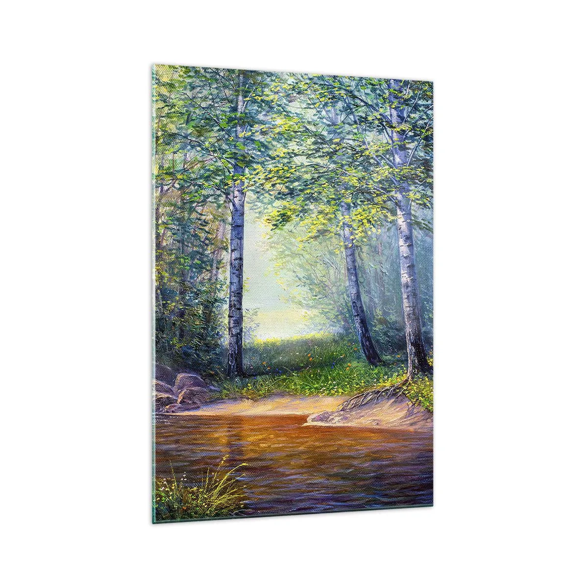 Quadro su vetro - Un ruscello nella foresta circondato da betulle e sole - 70x100cm - Scena di beatitudine - Decorazione murale moderna per soggiorno e camera da letto ARTTOR