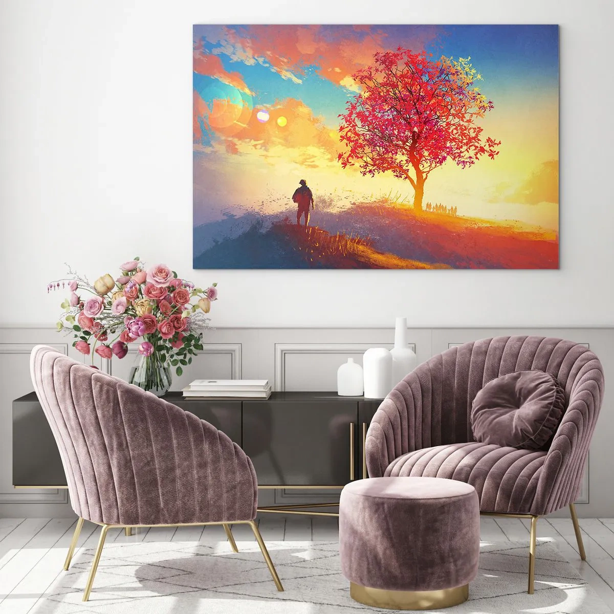 Quadro su vetro - Una figura sullo sfondo di un cielo colorato e un albero dai colori caldi - 100x70cm - Pellegrino alla meta - Decorazione murale moderna per soggiorno e camera da letto ARTTOR