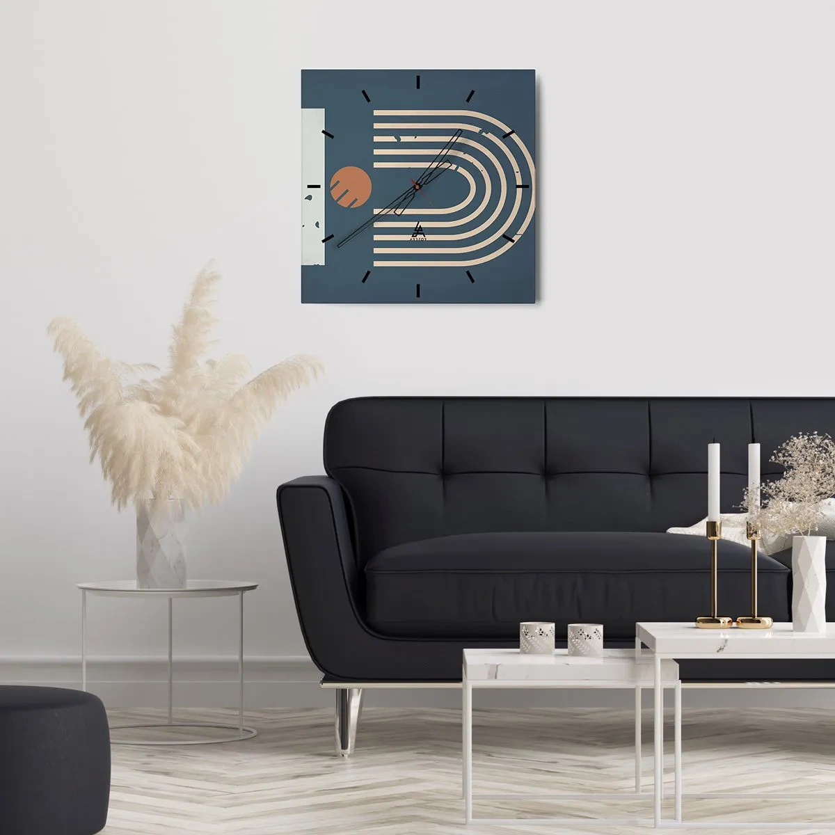 Orologio da parete - Orologio in Vetro - Motivo geometrico nei toni del blu navy, beige e arancione su sfondo scuro - 30x30cm - Geometria in blu - Decorazione murale moderna per soggiorno e camera da letto ARTTOR