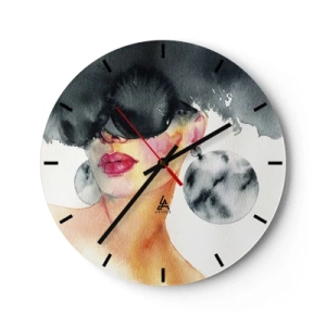 Orologio da parete - Orologio in Vetro - Ritratto di donna con occhiali e grandi orecchini, acquerello - 30x30cm - Il segreto dell'eleganza - Decorazione murale moderna per soggiorno, cucina e camera da letto ARTTOR