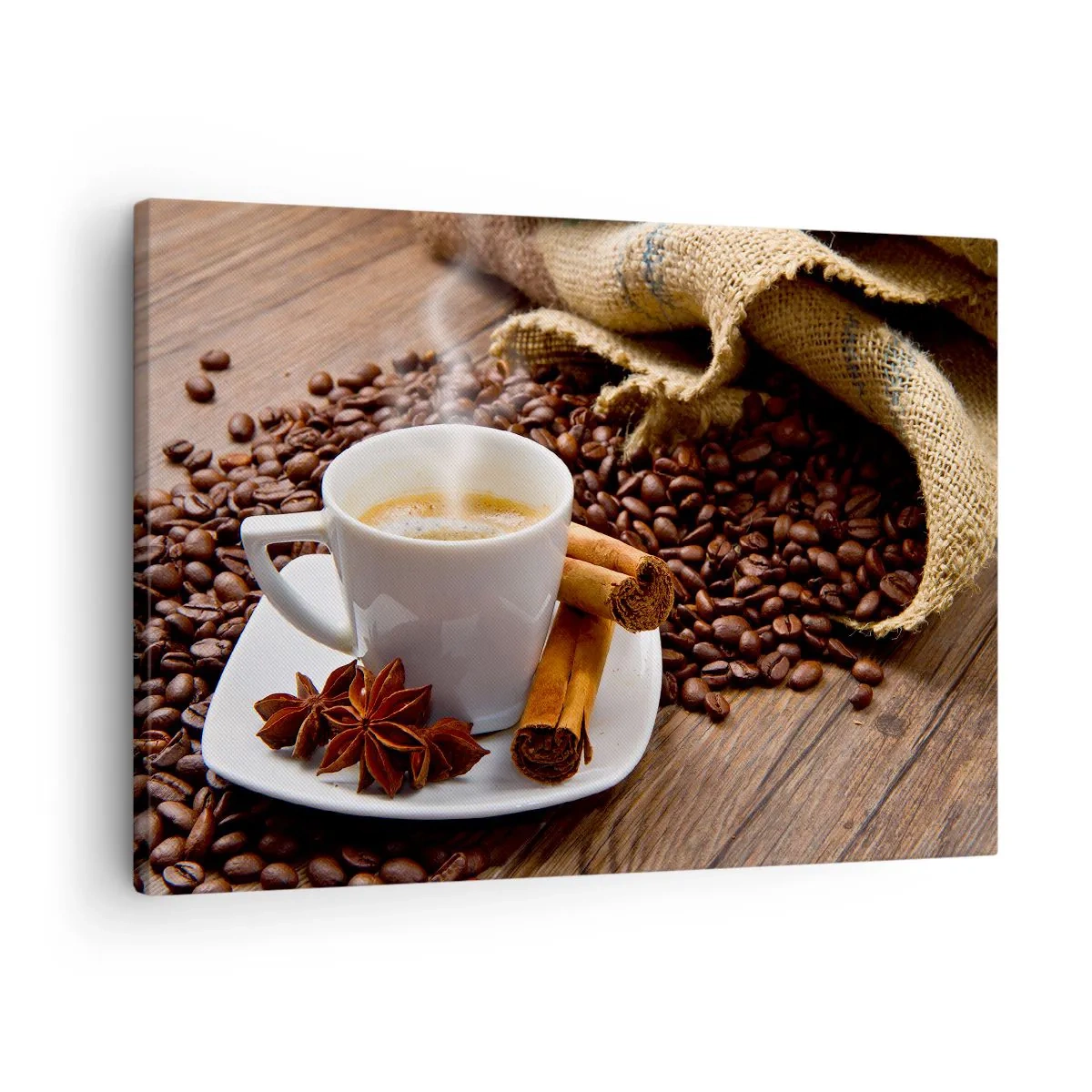 Quadro su tela - Stampe su Tela - Una tazza di caffè con cannella e anice su uno sfondo di chicchi di caffè - 70x50cm - Sapore e profumo speziato - Decorazione murale moderna per soggiorno e camera da letto ARTTOR