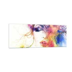 Quadro su vetro - Un ritratto artistico di una donna realizzato con colori acquerellati espressivi. - 140x50cm - Capogiro arcobaleno - Decorazione murale moderna per soggiorno e camera da letto ARTTOR