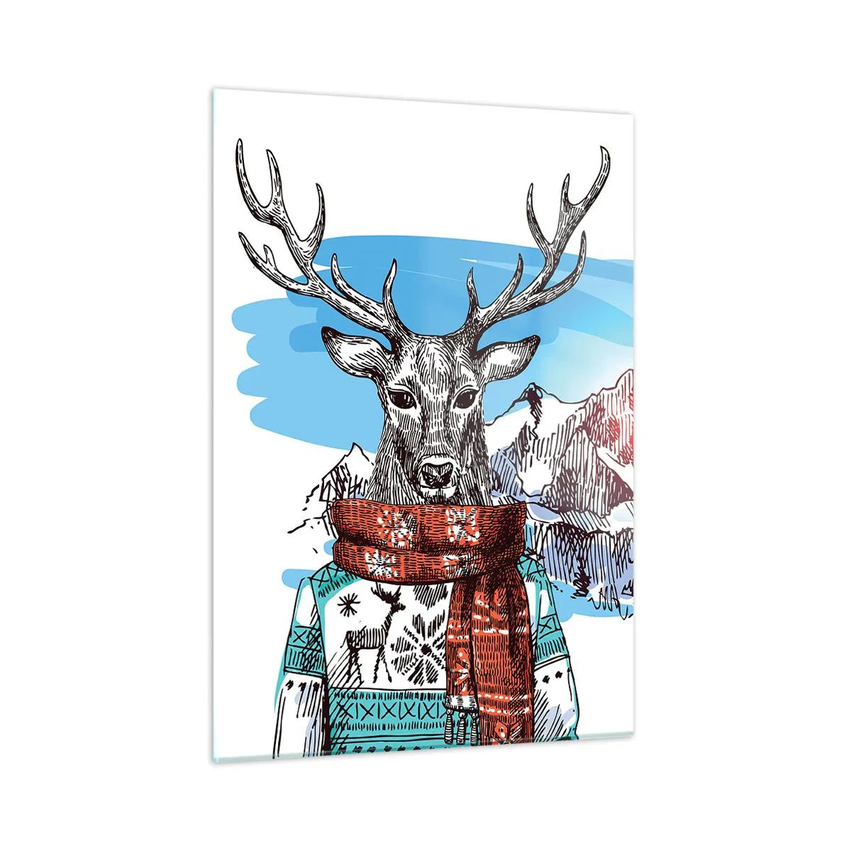 Quadro su vetro - Un cervo con maglione e sciarpa sullo sfondo di un paesaggio montano - 50x70cm - Anche il cervo non ha freddo - Decorazione murale moderna per soggiorno e camera da letto ARTTOR