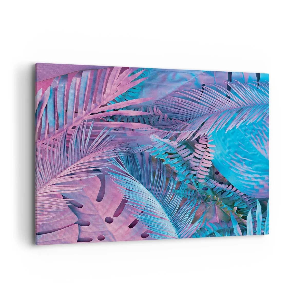 Quadro su tela - Stampe su Tela - Foglie tropicali nelle tonalità del rosa e del blu - 120x80cm - Tropici in rosa e blu - Decorazione murale moderna per soggiorno e camera da letto ARTTOR