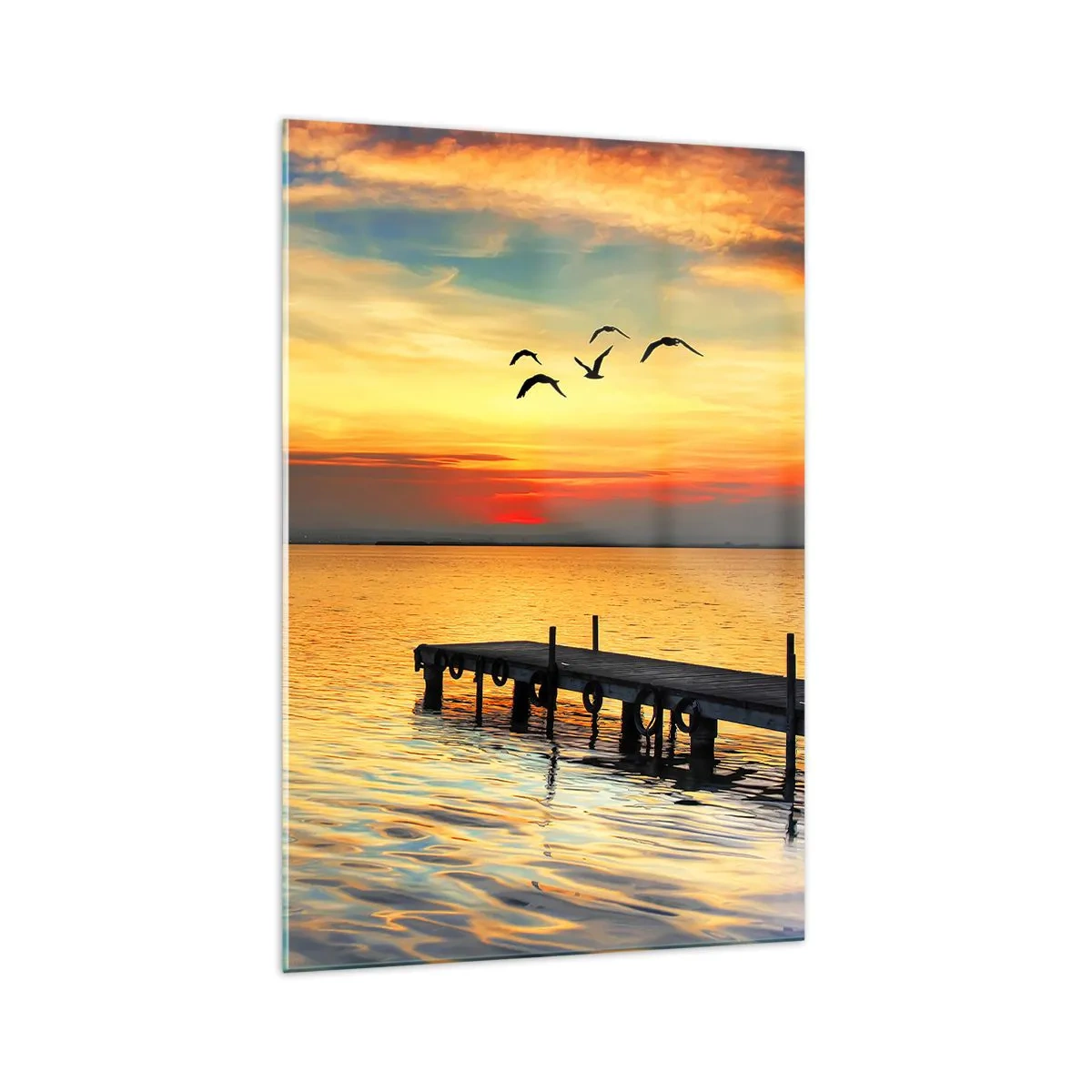 Quadro su vetro - Tramonto con barca a vela e molo su un lago calmo - 70x100cm - Il ritorno alla sera - Decorazione murale moderna per soggiorno e camera da letto ARTTOR