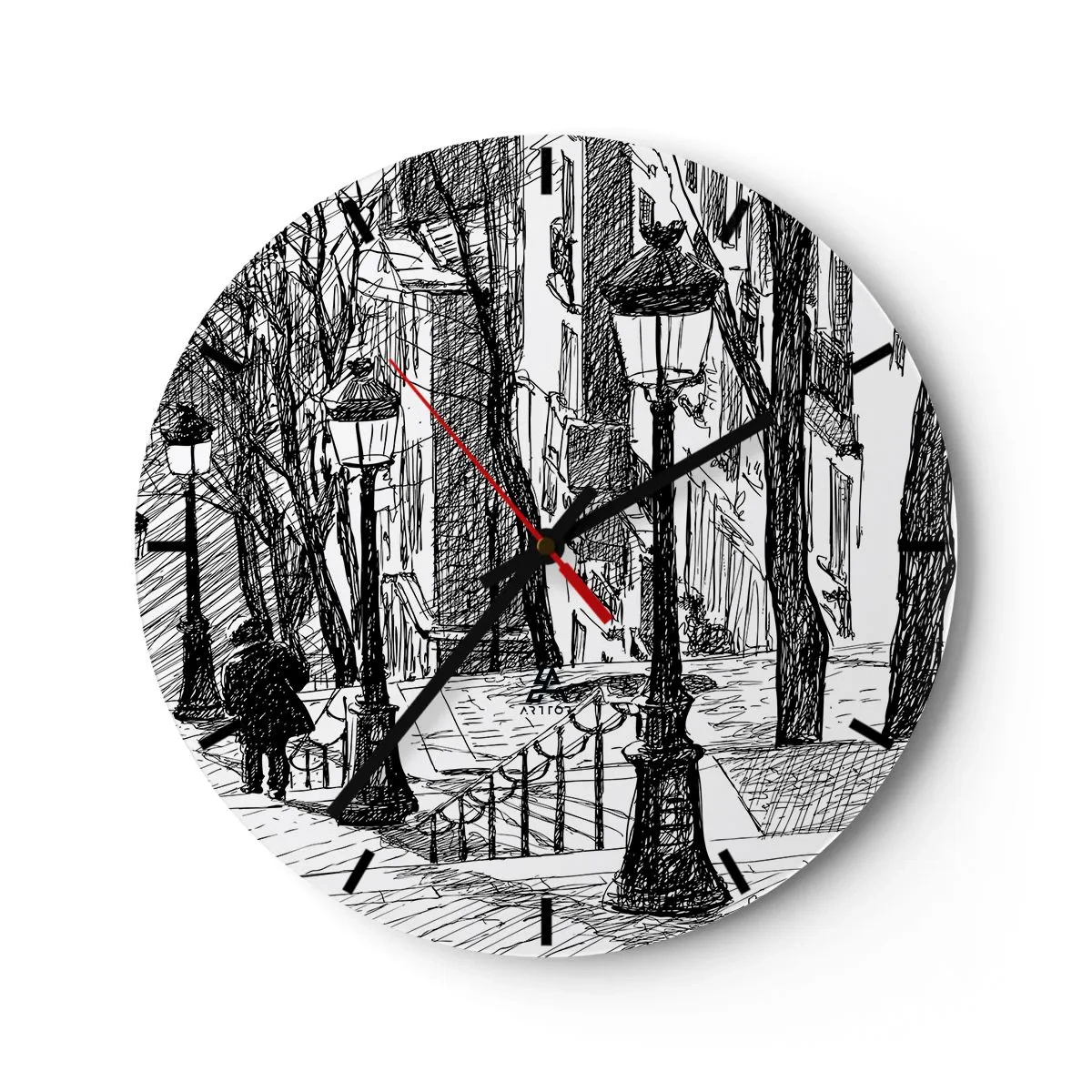 Orologio da parete - Orologio in Vetro - Un disegno in bianco e nero di una strada con lanterne e una figura che cammina. - 30x30cm - Storia d'amore o racconto di paura? - Decorazione murale moderna per soggiorno, cucina e camera da letto ARTTOR