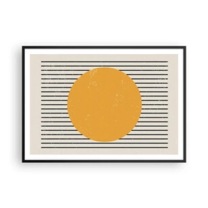Poster in cornice nera - Un cerchio giallo su uno sfondo di linee orizzontali bianche e nere - 100x70cm - La forza della semplicità - Decorazione murale moderna per soggiorno e camera da letto ARTTOR