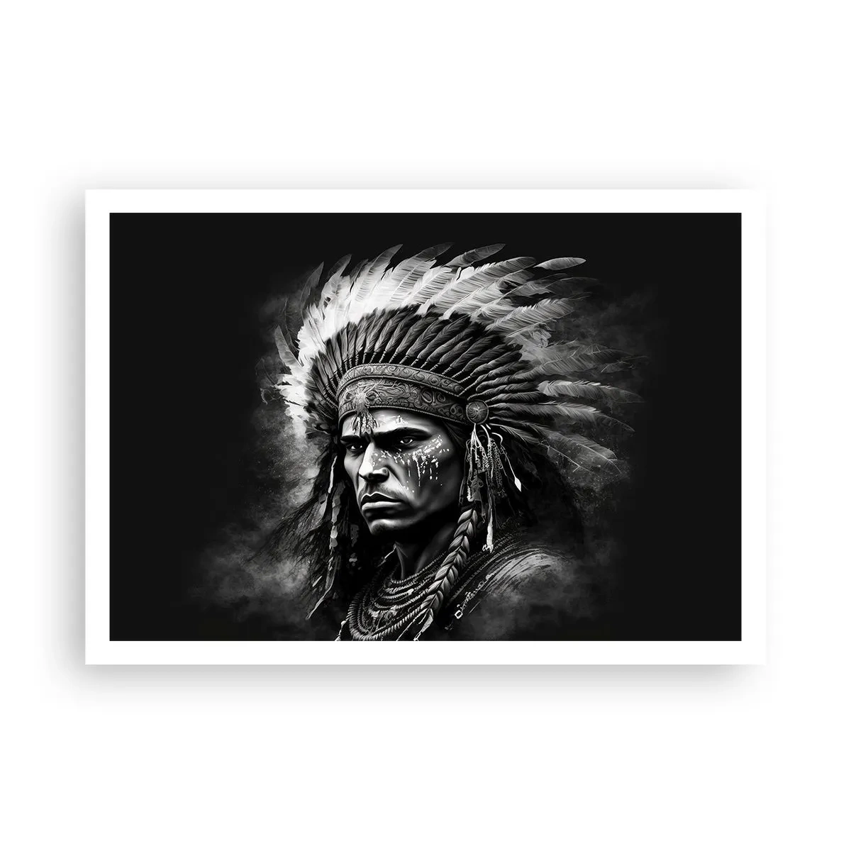 Poster - Ritratto di un capo con un copricapo piumato su sfondo nero - 100x70cm - Capo e guerriero - Decorazione murale moderna per soggiorno e camera da letto ARTTOR