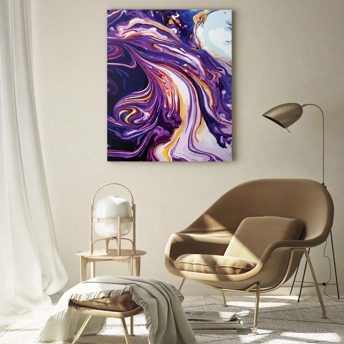 Quadro su vetro - Motivo astratto nei toni del viola e del bianco con linee dinamiche - 50x70cm - Curvatura dello spazio in viola - Decorazione murale moderna per soggiorno e camera da letto ARTTOR