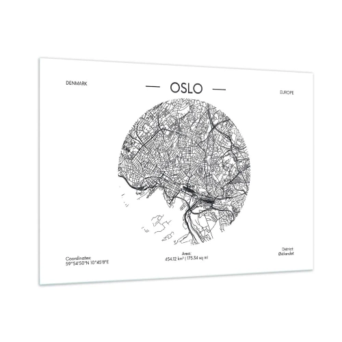 Quadro su vetro - Mappa della città di Oslo in stile grafico in bianco e nero - 100x70cm - Anatomia di Oslo - Decorazione murale moderna per soggiorno e camera da letto ARTTOR