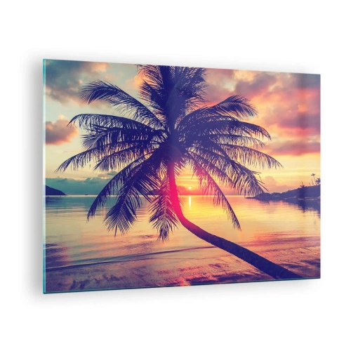 Quadro su vetro - Palma al tramonto su un mare calmo - 70x50cm - Sera sotto le palme - Decorazione murale moderna per soggiorno e camera da letto ARTTOR