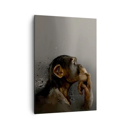 Quadro su tela - Stampe su Tela - Ritratto di una scimmia in posa riflessiva su uno sfondo grigio - 50x70cm - Sicuramente un pensatore - Decorazione murale moderna per soggiorno e camera da letto ARTTOR
