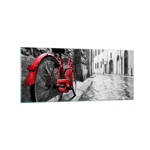 Quadro su vetro - Bicicletta rossa in una strada bianca e nera - 120x50cm - La vera bellezza non invecchia - Decorazione murale moderna per soggiorno e camera da letto ARTTOR