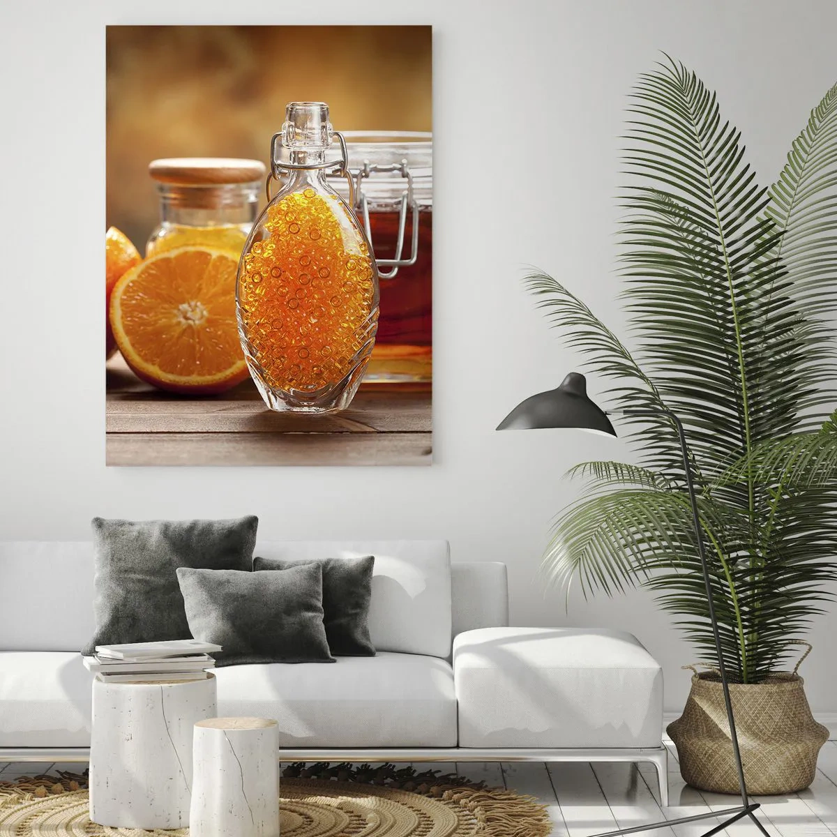 Quadro su vetro - Una bottiglia di olio e un'arancia su un tavolo di legno - 50x70cm - Il gusto e l'aroma del sole - Decorazione murale moderna per soggiorno e camera da letto ARTTOR