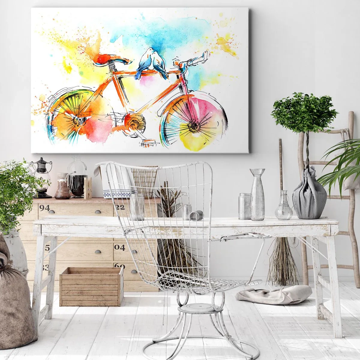 Quadro su tela - Stampe su Tela - Dipinto ad acquerello colorato di una bicicletta con uccelli seduti sopra - 70x50cm - In due in bicicletta - Decorazione murale moderna per soggiorno e camera da letto ARTTOR