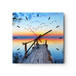 Orologio da parete - Orologio in Vetro - Molo di legno sul lago al tramonto - 30x30cm - Il tempo del ritorno - Decorazione murale moderna per soggiorno e camera da letto ARTTOR