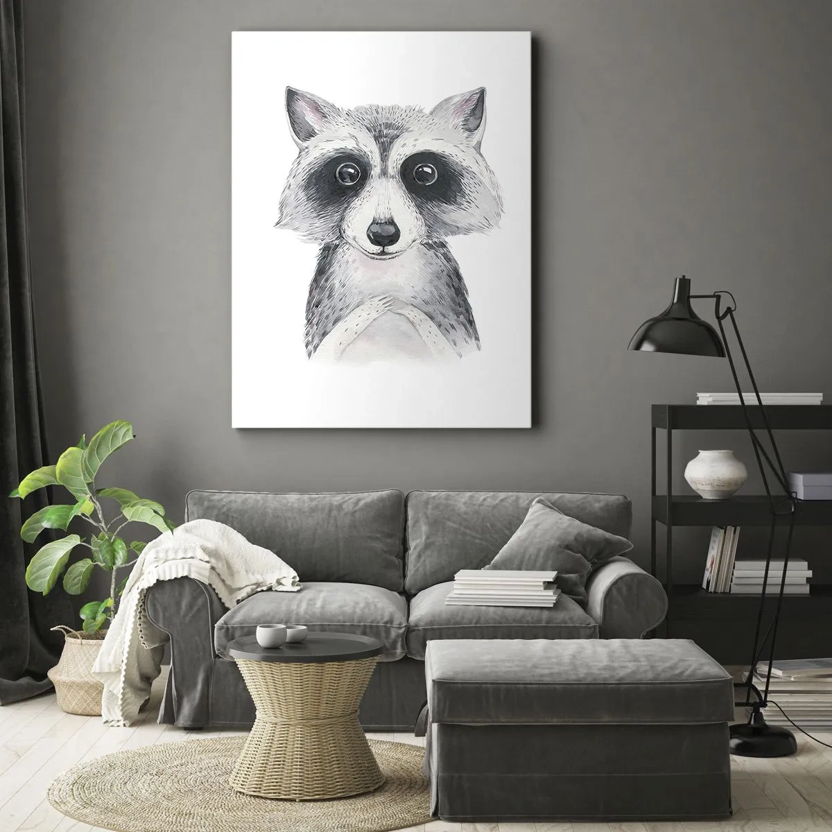 Quadro su tela - Stampe su Tela - Adorabile ritratto di un procione su sfondo bianco - 50x70cm - Un attimo di commozione - Decorazione murale moderna per soggiorno e camera da letto ARTTOR