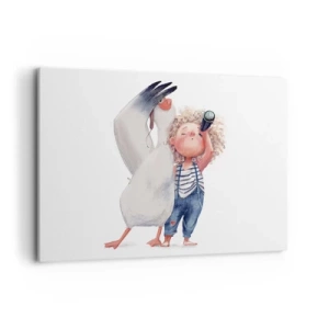 Quadro su tela - Stampe su Tela - Illustrazione di un bambino con un pellicano e un telescopio in mano - 100x70cm - Il progetto di un grande viaggio - Decorazione murale moderna per soggiorno e camera da letto ARTTOR