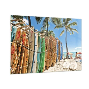 Quadro su vetro - Tavole da surf colorate su una spiaggia tropicale - 100x70cm - Divertimento sotto il sole - Decorazione murale moderna per soggiorno e camera da letto ARTTOR