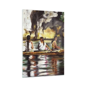 Quadro su vetro - Donne in barca su un fiume calmo con uno sfondo pittoresco - 70x100cm - Nel paradiso della Polinesia - Decorazione murale moderna per soggiorno e camera da letto ARTTOR