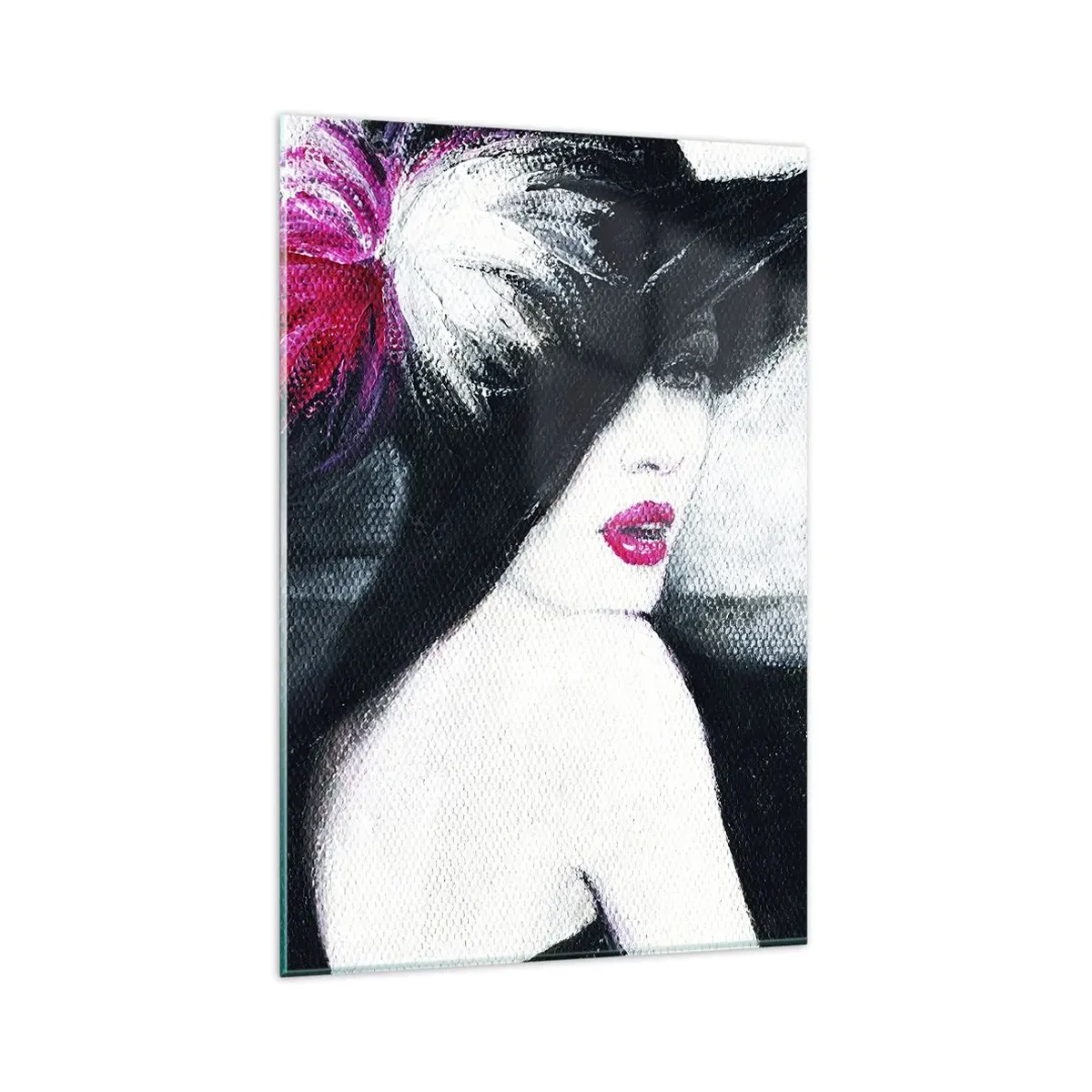 Quadro su vetro - Donna elegante con cappello piumato - 80x120cm - Sempre un mistero - Decorazione murale moderna per soggiorno e camera da letto ARTTOR