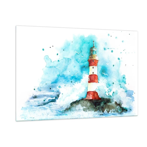 Quadro su vetro - Un faro circondato dalle onde del mare in stile acquerello - 120x80cm - L'unità dei quattro elementi - Decorazione murale moderna per soggiorno e camera da letto ARTTOR