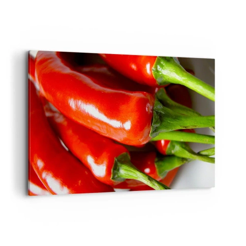Quadro su tela - Stampe su Tela - Primo piano di peperoncini rossi con steli verdi - 120x80cm - Succosi, lisci e lucenti - Decorazione murale moderna per soggiorno e camera da letto ARTTOR