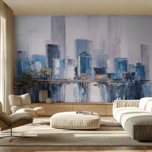 Fotomurali Standard Eco - Un panorama artistico della città con un ponte e grattacieli nelle tonalità del blu. - 100x70cm - Impressione di New York - Decorazione murale moderna per soggiorno e camera da letto ARTTOR