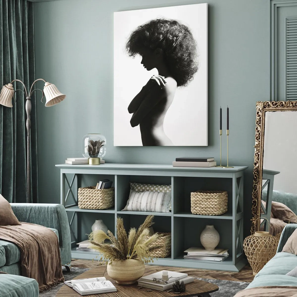 Quadro su tela - Stampe su Tela - Una sottile silhouette di una donna in tonalità di bianco e nero su uno sfondo chiaro - 50x70cm - Come un fiore su un gambo snello - Decorazione murale moderna per soggiorno e camera da letto ARTTOR