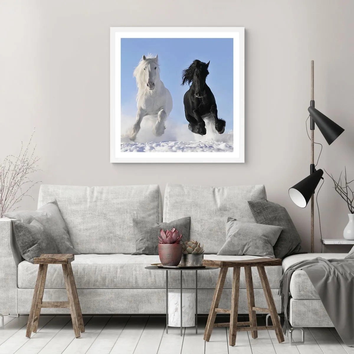 Poster in cornice bianca - Galoppo in bianco e nero - 30x30 cm
