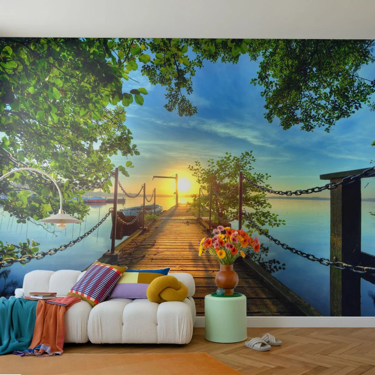 Fotomurali Autoadesivo Deluxe Sticker - Tramonto sul lago - Paesaggio, Lago, Barca a vela - 500x350 cm