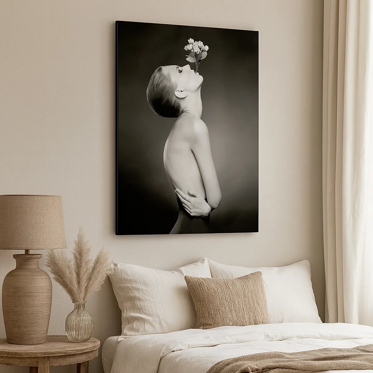Quadro su tela - Stampe su Tela - Silhouette in bianco e nero di una donna con un fiore - 50x70cm - Eleganza eccentrica - Decorazione murale moderna per soggiorno e camera da letto ARTTOR