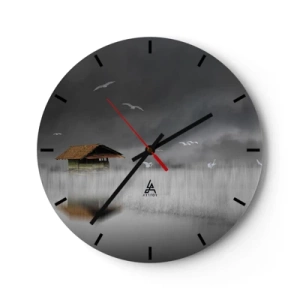 Orologio da parete - Orologio in Vetro - Un cottage nella nebbia e uccelli che fluttuano su uno sfondo scuro - 30x30cm - Riparo dalla pioggia - Decorazione murale moderna per soggiorno, cucina e camera da letto ARTTOR