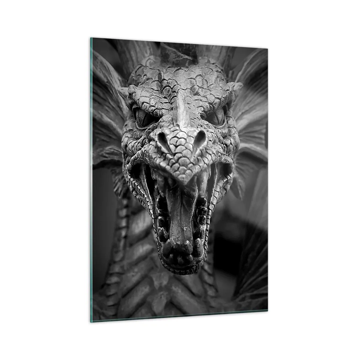 Quadro su vetro - Ritratto dettagliato di un drago in bianco e nero - 50x70cm - Drago favoloso in grigio - Decorazione murale moderna per soggiorno e camera da letto ARTTOR