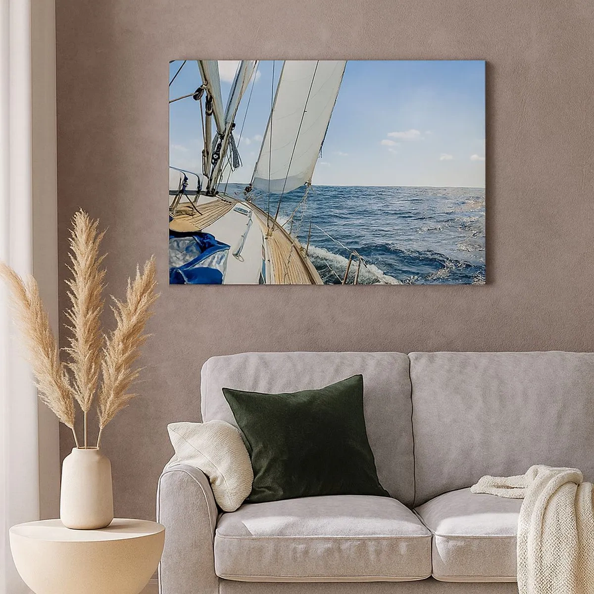 Quadro su tela - Stampe su Tela - Una barca a vela su un mare calmo sotto un cielo azzurro - 70x50cm - Benvenuta avventura - Decorazione murale moderna per soggiorno e camera da letto ARTTOR