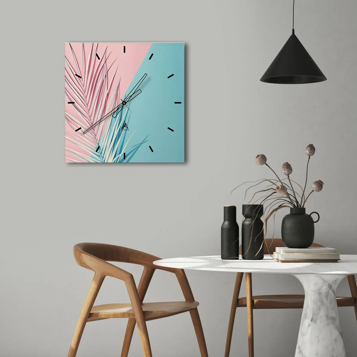 Orologio da parete - Orologio in Vetro - Foglia tropicale su uno sfondo di tonalità pastello di rosa e blu - 30x30cm - Impressione tropicale - Decorazione murale moderna per soggiorno e camera da letto ARTTOR